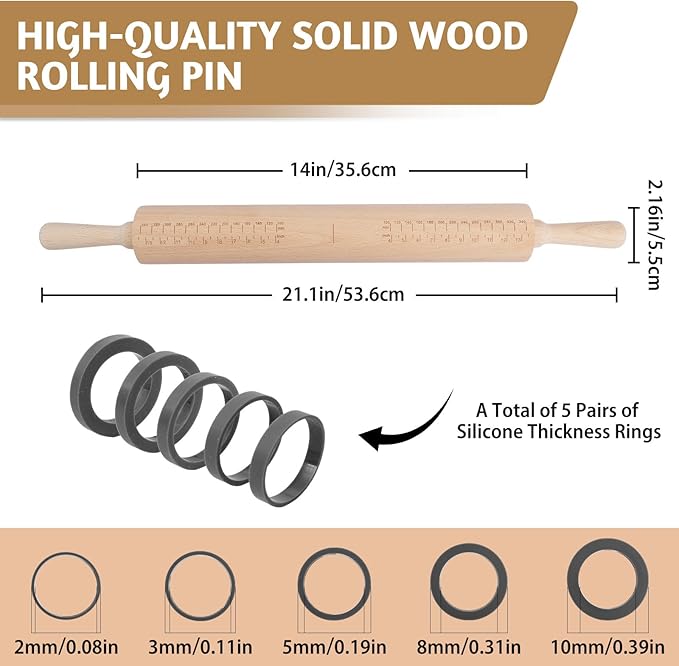 Long Adjustable Wood Rolling Pin: 21.1 Inch Rolling Pin with Thickness Rings and Measurement - Wooden Dough Roller for Baking Pastry Pizza Pie Crust Tortillas Cookie Bread - Bakers Baking Lovers - Image 2