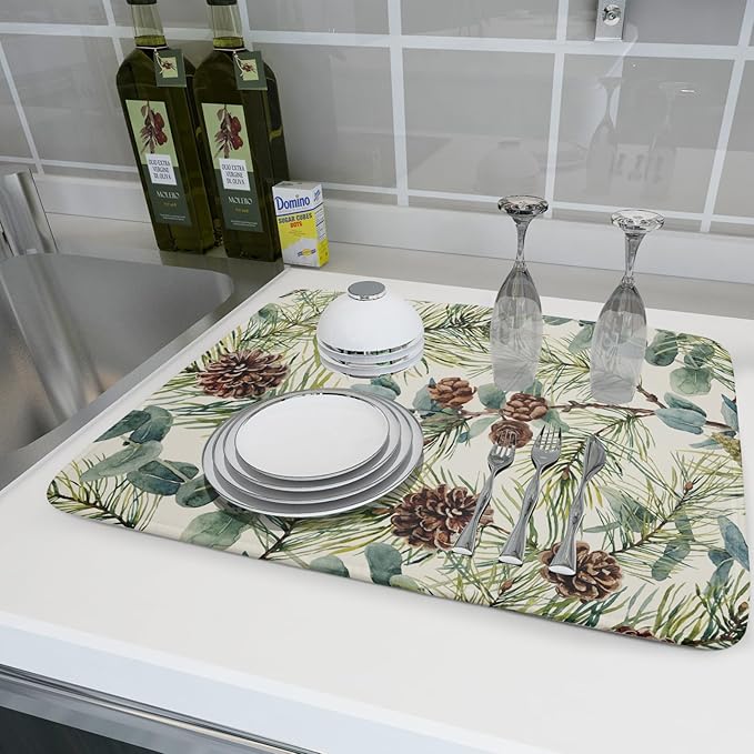 Winter Christmas Dish Drying Mat for Kitchen Counter 18x24 Evergreen Leaves Pinecone Holiday Theme Absorbent Reversible Microfiber Drying Mats Kitchen Countertop Protector Dishes Drainer Pad - Image 6