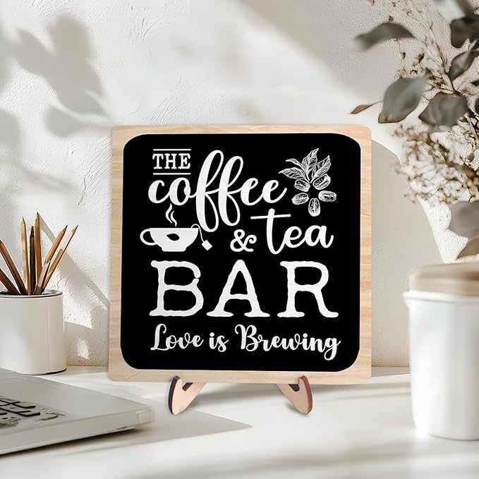 Coffee Bar Plaque, Vintage Desk Decor for Home or Office,Cafe Bar Accessories -The Coffee&Tea Bar Love is Brewing,Coffee Lovers Kitchen Accessories 5.9x5.9inch - Image 5