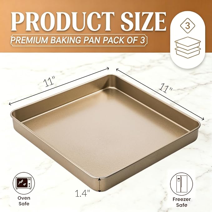 Dicunoy 3 Pack Baking Sheet Pans 11 Inches x 11 Inches, Nonstick Square Baking Pan, Heavy Duty Cookie Sheets for Baking, Evenly Heating Toaster Oven Tray Deep Dish for Bread Brownie Cake