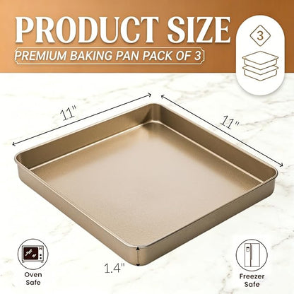 Dicunoy 3 Pack Baking Sheet Pans 11 Inches x 11 Inches, Nonstick Square Baking Pan, Heavy Duty Cookie Sheets for Baking, Evenly Heating Toaster Oven Tray Deep Dish for Bread Brownie Cake