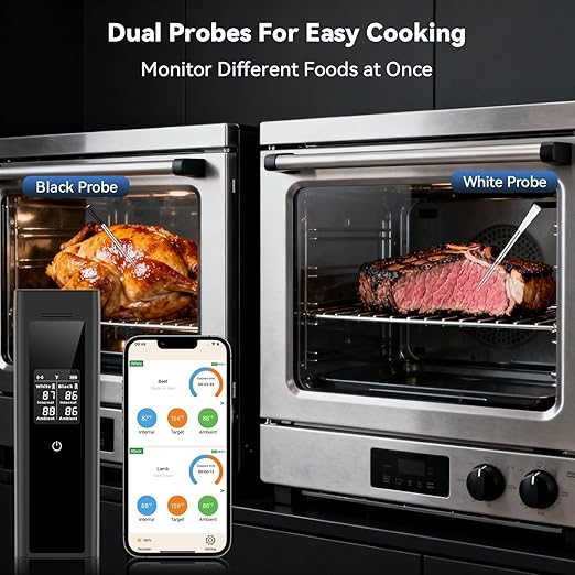 Smart Wireless Meat Thermometer Digital, 2 Probes, Advanced Bluetooth Food Thermometer for Cooking, IP67, Real-Time Monitoring & Smart Alerts with APP for BBQ, Grill, Oven, Smoker, Kitchen Gifts