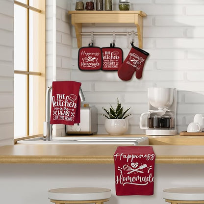 Sratte 6 Pcs Kitchen Decor Accessories Set Farmhouse Towels Pot Holders Oven Mitts Set 2 Dish Towels 2 Potholders 2 Cooking Mittens Oven Glove for Christmas Baking Cooking(Wine Red,Kitchen) - Image 3