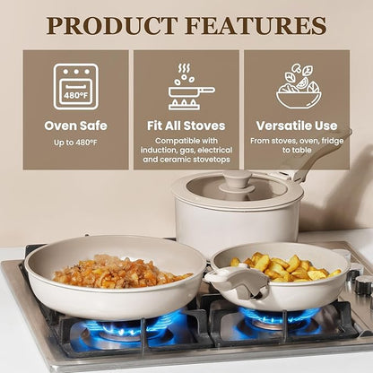 KIKCOIN Nonstick Pots and Pans Set, 20 Pack Cookware Set with Detachable Handle, Induction RV Kitchen Cooking Set with Removable Handle, Frying Pans - Dishwasher/Oven Safe, PFOA Free - Image 4
