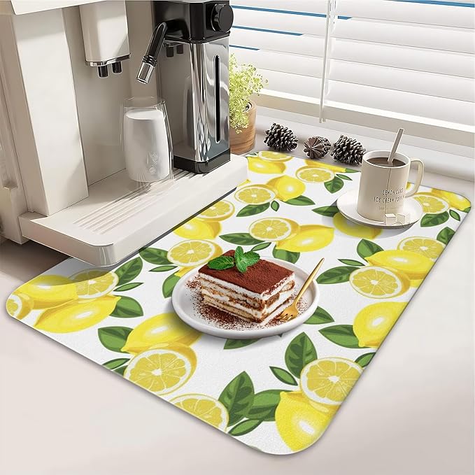 Dish Drying Mat for Kitchen Counter 2 Pack with Non-Slip Rubber Backing - Heat-Resistant Absorbent Coffee Bar Mat, Dish Rack Mat, Lemon Dish Drying Mats 18x24+19.5x12 inch