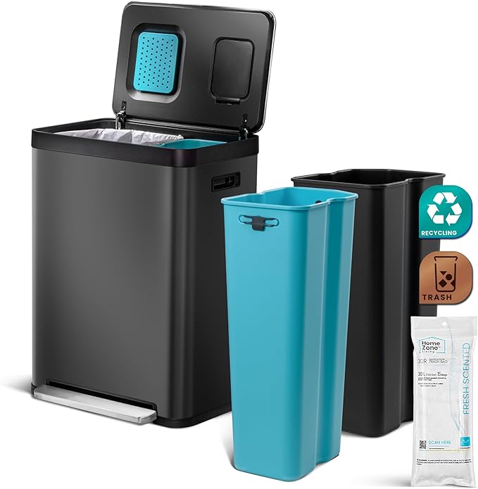 Home Zone Living 19 Gallon Kitchen Trash Can with Dual Compartments for Recycling, CleanAura Odor Control, Stainless Steel, Matte Black, 70 Liters Total