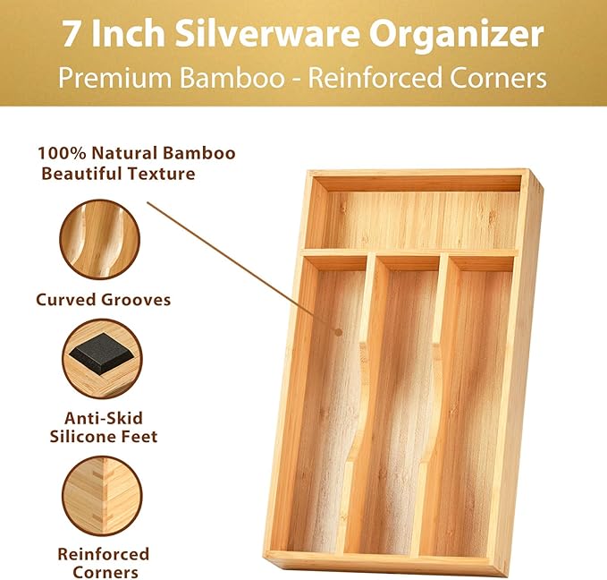 Umilife Bamboo Kitchen Drawer Organizer, 7 Inch Silverware Utensils Tray Holder for Small Drawer, Wood Caddy for Flatware Cutlery Knives - Image 2