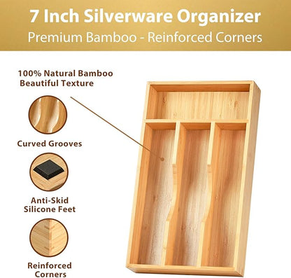 Umilife Bamboo Kitchen Drawer Organizer, 7 Inch Silverware Utensils Tray Holder for Small Drawer, Wood Caddy for Flatware Cutlery Knives - Image 2