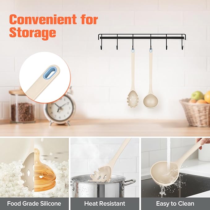 Silicone Spaghetti Spoon&Soup Ladle Cooking Utensils Set of 2,No Scratch for Nonstick Cookware,BPA Free, 450℉ Heat Resistant (KHAKI) - Image 4