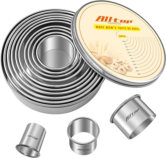 ALLTOP 12 Pcs Round Biscuit Cutter - Stainless Steel Baking Essential Tool for Effortless Circle Cookie Shaping,Pastry,Cake Decoration&Fondant Creation – Precise Cut Utensil for Dumpling,Scone, Donut by ALLTOP