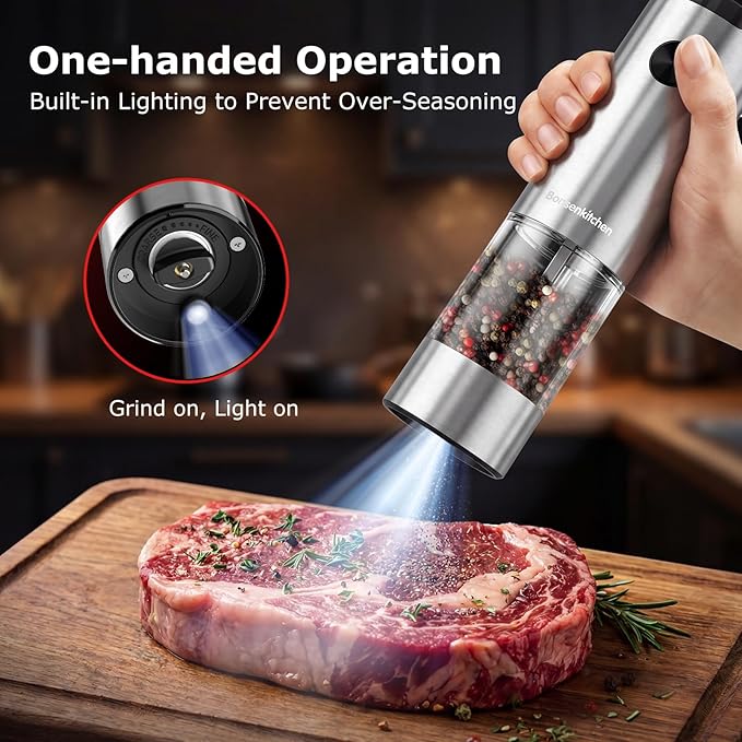 Bonsenkitchen Electric Salt and Pepper Grinder Set, 95ml Large Capacity, Clean Brush, Stainless Steel Adjustable Pepper Mill with LED for Kitchen, BBQ & Camping, Battery Powered (Not Included) - Image 2