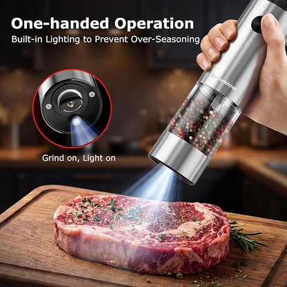 Bonsenkitchen Electric Salt and Pepper Grinder Set, 95ml Large Capacity, Clean Brush, Stainless Steel Adjustable Pepper Mill with LED for Kitchen, BBQ & Camping, Battery Powered (Not Included) - Image 2