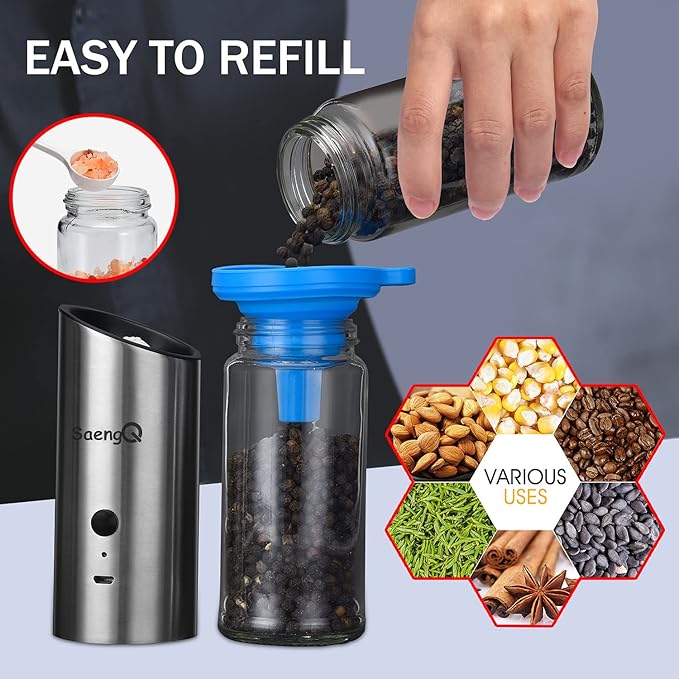 Gravity Electric Salt and Pepper Grinders refillable 1 Pack,USB Rechargeable Kitchen Electric Pepper Grinder with Light - Gravity Switch, Coarseness Adjustable Tall Glass Salt and Pepper Grinder - Image 6