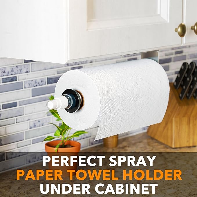 SpaceAid SprayNeat Paper Towel Holder with Spray Bottle, Under Cabinet Paper Towels Holders with Sprayer Inside Center, Hanging Wall Mount Papertowels Roller for Kitchen and Bathroom (Silver)