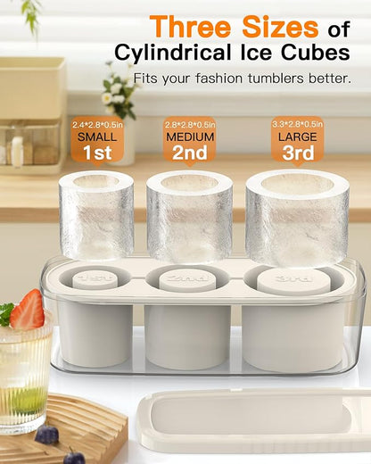 Ice Cube Tray for Tumbler Cup 30Oz-40Oz, 3 Pcs Silicone Cylinder Ice Mold with Lid and Bin for Freezer, Easy Fill and Release Ice Maker for Whiskey, Cocktail BPA-Free (White, 40Oz-Type2)