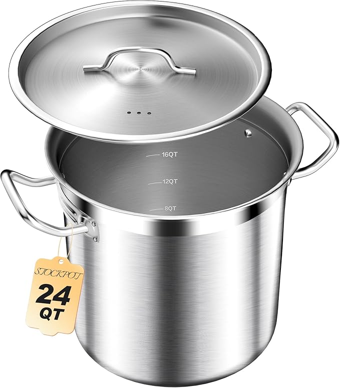 STOCKPOT Stainless Steel Stock Pot with Lid – 24 Quart (6 Gallon) Heavy-Duty Cooking Pot for Soup, Stew, Pasta – Commercial & Home Use, Easy to Clean