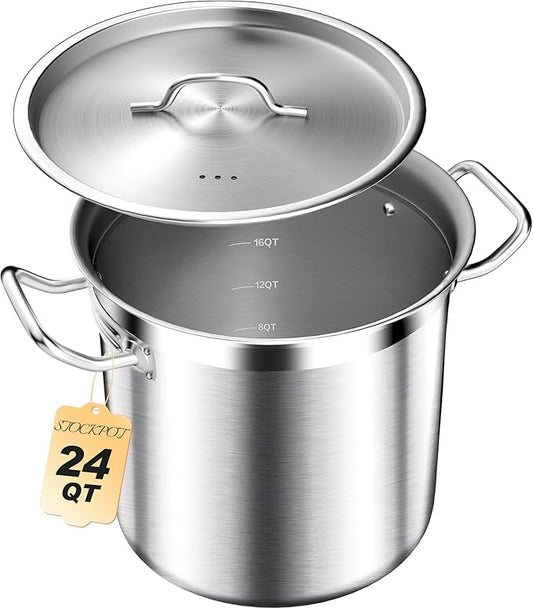 STOCKPOT Stainless Steel Stock Pot with Lid – 24 Quart (6 Gallon) Heavy-Duty Cooking Pot for Soup, Stew, Pasta – Commercial & Home Use, Easy to Clean
