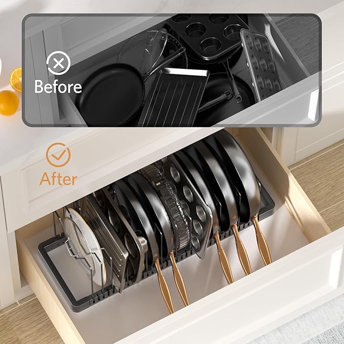 PanPanPal Pots and Pans Organizer under Cabinet, Expandable Pot Lid Organizer Holder with 12 Adjustable Compartment, Pan Organizers inside Cabinet for Lids, Bakeware, Kitchen Storage Pot Rack, Black - Image 5