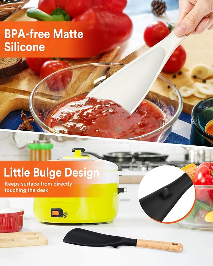 Cooking Spoon for Nonstick Cookwares, Great for Cooking and Serving Sturdy BPA-Free Matte Silicone, Wood Handle Spoon for Mixing, Scoop, and Scrape (Black & White, 11.4 inch) - Image 5