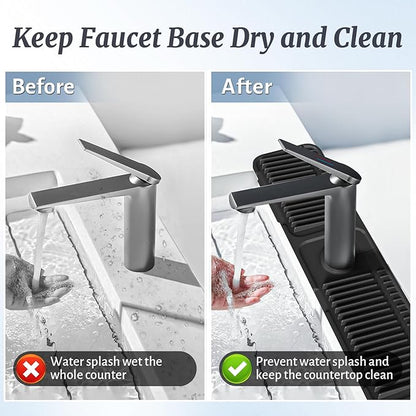 PoYang 24 inch Faucet Mat for Kitchen Sink Splash Guard, 7° Slope Silicone Sink Water Splash Guard for Kitchen Sink Area with Snap Button, Longer Sink Protectors for kitchen Sink Sponge Holder, Black