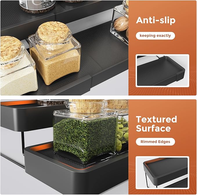 2 Pack Expandable Spice Rack Organizer for Cabinet - 3 Tier Adjustable Cabinet Spice Organizer Easy Visibility - Spice Organizer for Cabinet Countertop Cupboard Pantry Organization (Black) - Image 6