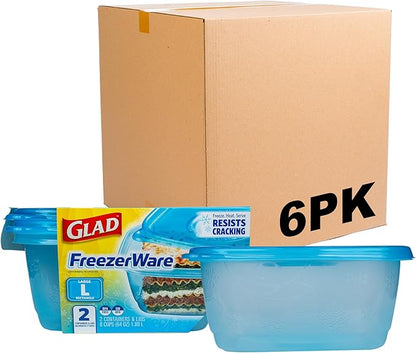 Glad GladWare FreezerWare Food Storage Containers with Lids, Large Rectangle BPA Free Plastic for Freezing Soups Meals and Batch Cooking, Crack Resistant, Microwave Dishwasher Safe, 64 Oz, 2 Ct - 6 Pk by GladTrashFoodStorage
