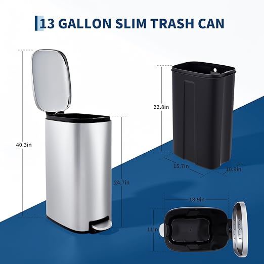 Garvee 13 Gallon Slim Kitchen Trash Can, Narrow Stainless Steel Step-On Pedal Garbage Can with Soft Close Lid, Removable Inner Bucket, Space-Saving Trash Bin for Kitchen, Bathroom, Office, Silver