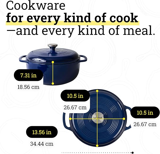 Lodge Essential Enamel Cast Iron Dutch Oven - Perfect for Bread Baking, Braising, Marinating & Slow Cooking - Features Moisture-Sealing Lid & Dual Handles - Kitchen Essentials - 6 Quarts - Indigo - Image 5
