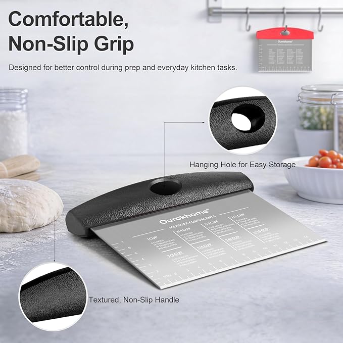 Ourokhome 2 Pack Bench Scraper Dough Cutter, Stainless Steel Dough Scraper with Laser-Etched Scale, Conversion Chart, Non-Slip Handle, Dishwasher Safe for Bread & Pastry, Black and Red - Image 5