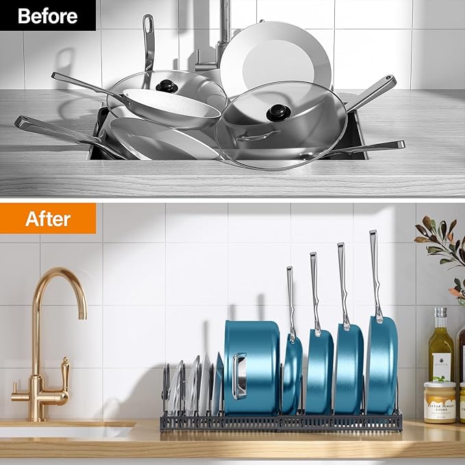 ORDORA Pots and Pans Organizer Under Cabinet, Expandable Cutting Board Pot Lid Organizer for Cabinet Holder with 10 Adjustable Dividers for Kitchen Storage - Image 5