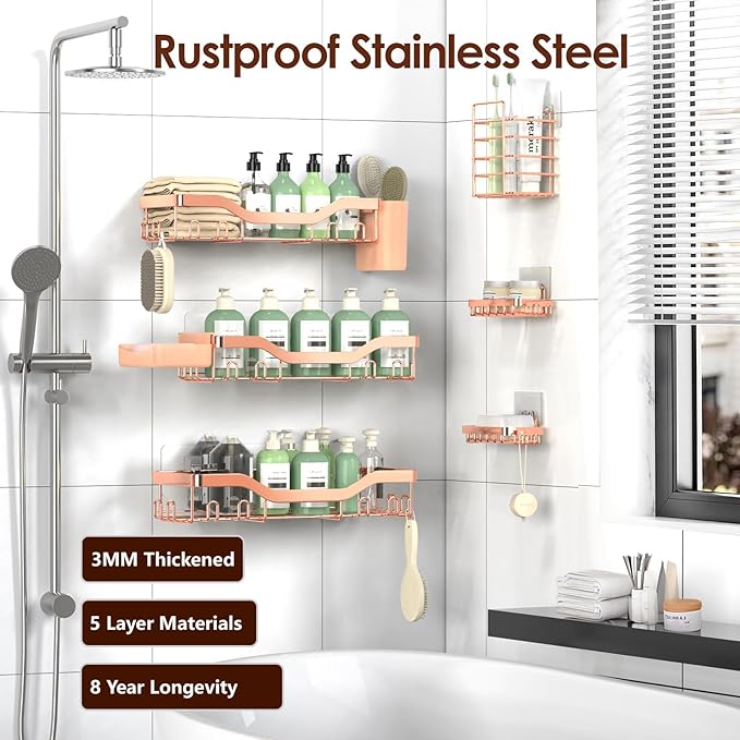 NESOMI Shower Caddy Adhesive Shower Organizer 8-Pack, Rustproof Stainless Steel Bathroom Shelves, Large Capacity No-Drill Rack Storage Accessories with Soap Dish Toothbrush Holder Hooks - Image 5