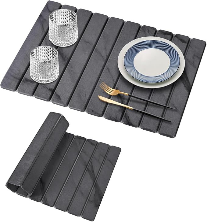 Large Stone Dish Drying Mats for Kitchen Counter, 24"(L)×16"(W) Marble, Drying Collapsible Dish Drying Mat, Eco-Friendly Absorbent Diatomaceous Earth Mats for Dishes Bottles Cups - Dark Grey by tdcokhe