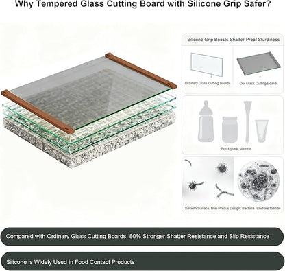 Glass Cutting Boards for Kitchen(12x16" & 12x8"),European Grey Glass Paired with Coffee-Colored Silicone Grip,No Scratches/Microplastic-Free/Non Toxic,Excellent Gift for Mother's Day and Father's Day