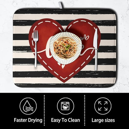 Valentine's Day Dish Drying Mat for Kitchen Counter 16x18 Black White Stripes Red Love Heart Dishes Drainer Mats Absorbent Dish Pad Large Dish Draining Mat for Coffee Bar - Image 4