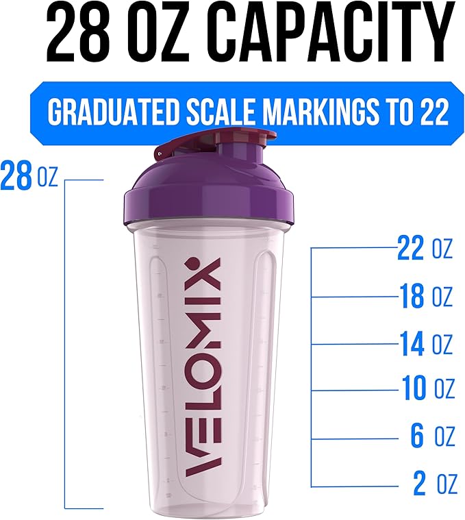 VELOMIX -2 Pack- 28 oz Protein Shaker Bottles for Protein Mixes - 2x Wire Whisk | Leak Proof Shaker Cups for Protein Shakes and Pre Workout | Protein Shaker Bottle Pack (B7) Purple Mix