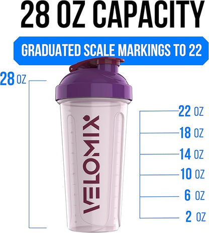VELOMIX -2 Pack- 28 oz Protein Shaker Bottles for Protein Mixes - 2x Wire Whisk | Leak Proof Shaker Cups for Protein Shakes and Pre Workout | Protein Shaker Bottle Pack (B7) Purple Mix