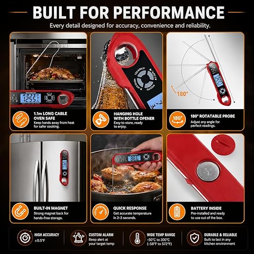 Digital Instant Read Meat Thermometer Waterproof Kitchen Food Cooking Thermometer Dual Probes Backlight, Alarm, °F/°C for BBQ Grill Smoker Steak Turkey Frying Baking Oven Water Oil