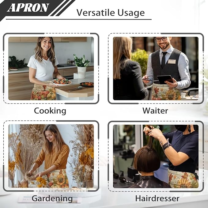 Server Apron with 3 Pockets, Waterproof Oil Waitress Waiter Half Apron for Restaurant Hotel Kitchen Cafe