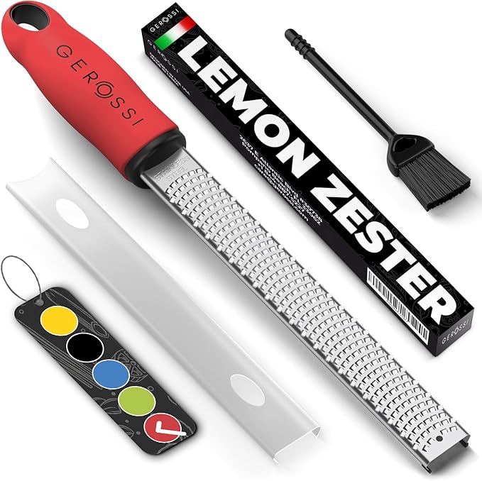Stainless Steel Cheese Grater & Lemon Zester w/Extra Sharp Blade - Perfect for Lemon, Parmesan, Garlic, Chocolate - Spice Up any Dish in Seconds w/Your Premium Citrus Hand Grater with Handle - Red by GEROSSI