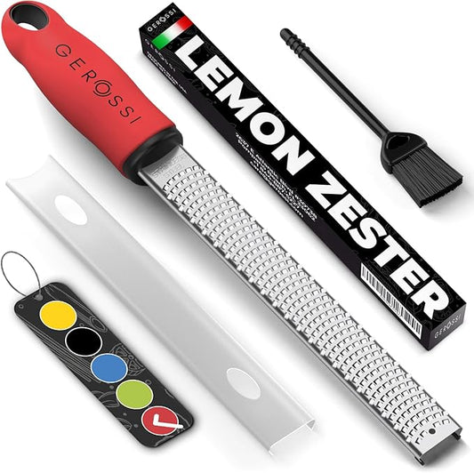 Stainless Steel Cheese Grater & Lemon Zester w/Extra Sharp Blade - Perfect for Lemon, Parmesan, Garlic, Chocolate - Spice Up any Dish in Seconds w/Your Premium Citrus Hand Grater with Handle - Red by GEROSSI