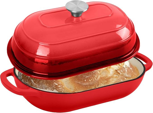 Premium Enameled Cast Iron Dutch Oven for Bread Baking | Non-Stick 5QT Oval Bread Oven with Lid | Perfect for Sourdough, Loaf, and Artisan Baking (Oval Red, 5 QT)