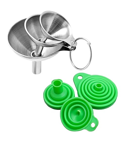 6pcs Kitchen Funnels for Filling Bottles, Small/Medium/Large Food Grade Stainless Steel Metal Kitchen Funnels Set for Essential Oil Spices Liquid, 3 Stainless Steel and 3 Silicone Folding