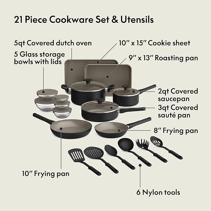 bella 21 Piece Kitchen Set with EverGood™ Ceramic Nonstick Coating​, Dishwasher & Oven Safe, All Stovetops Compatible, Tempered Glass Lids & Cool Touch Handles, Black - Image 3