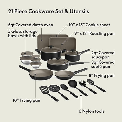bella 21 Piece Kitchen Set with EverGood™ Ceramic Nonstick Coating​, Dishwasher & Oven Safe, All Stovetops Compatible, Tempered Glass Lids & Cool Touch Handles, Black - Image 3