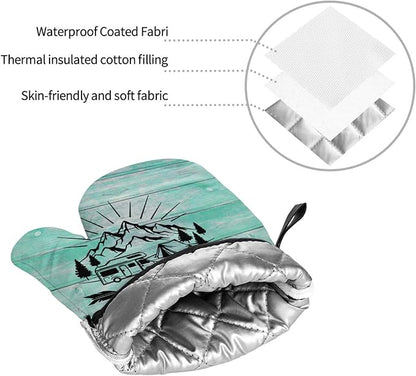 Happy Camper Oven Mitts and Pot Holders Sets of 4,Resistant Hot Pads with Polyester Non-Slip BBQ Gloves for Kitchen,Cooking,Baking,Grilling