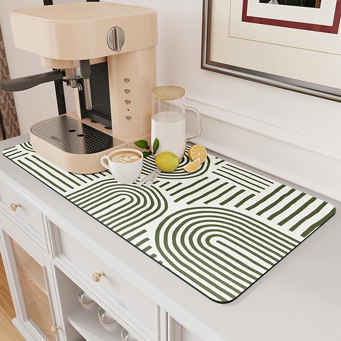 AMOAMI Coffee Mat Hide Stain Rubber Backed Absorbent Dish Drying Mat for Kitchen Counter - Fits Under Coffee Maker or Machine - Green Line 17x31.5 by AMOAMI