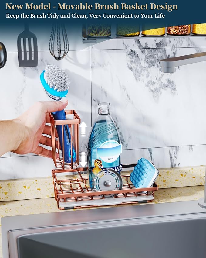 Consumest Sponge Holder for Kitchen Sink - Sink Caddy Kitchen Organizer with Removable Drip Tray for Countertop Dish Soap Dispenser Brush Storage Accessories 304 Stainless Steel, Rose Gold - Image 2