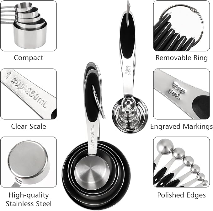 Accmor 11 Piece Metal Measuring Spoons Cups Set, Premium Stainless Steel Stackable Tablespoons Measurement kit, Kitchen Gadgets Cups and Spoon for Dry Liquid Ingredients Cooking Baking (Black Handle) - Image 4