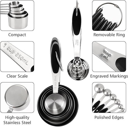 Accmor 11 Piece Metal Measuring Spoons Cups Set, Premium Stainless Steel Stackable Tablespoons Measurement kit, Kitchen Gadgets Cups and Spoon for Dry Liquid Ingredients Cooking Baking (Black Handle) - Image 4