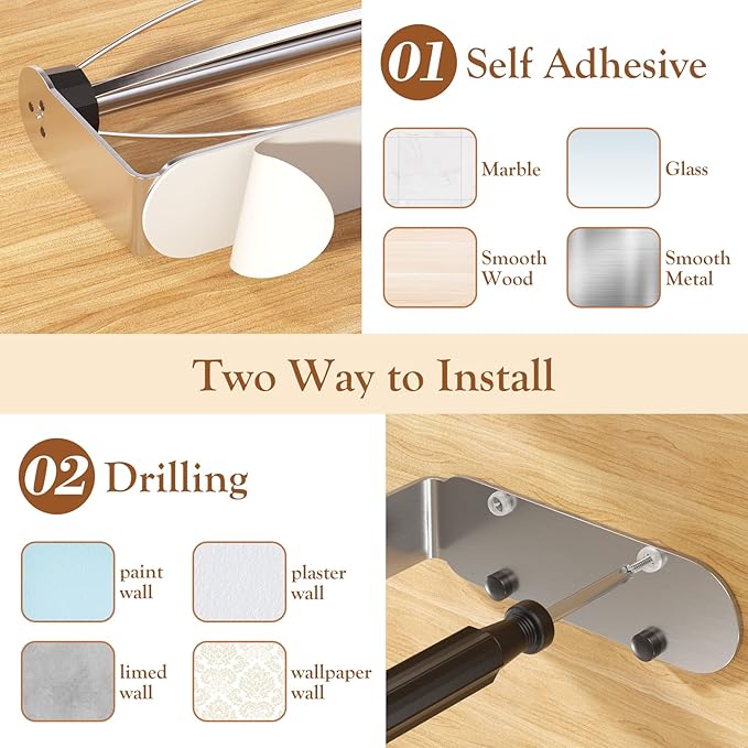 2 Pack Paper Towel Holder Under Cabinet + 2 Towel Robe Hook, Single Hand Operable Under Cabinet Paper Towel Holder, Adhesive Wall Mount Paper Roll Holder for Bathroom Kitchen(Silver) - Image 6